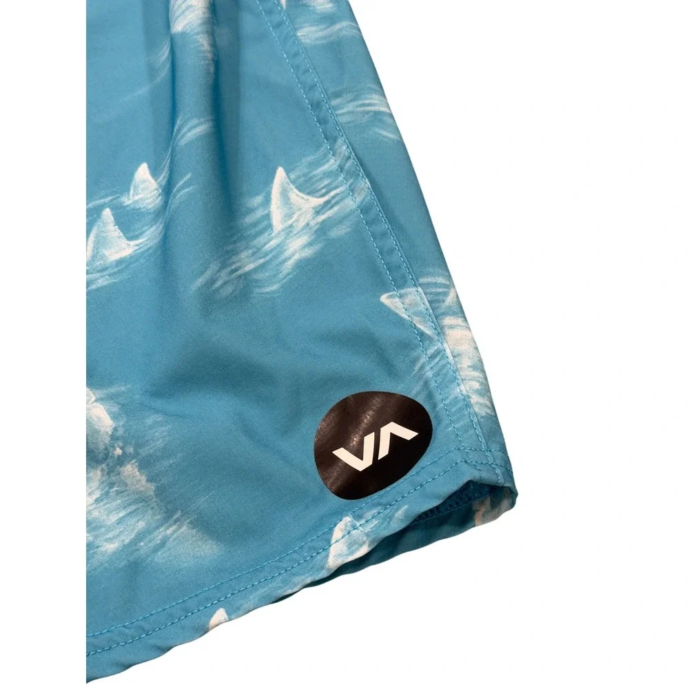 RVCA Board Shorts Mens 34 Turquoise Blue Shark Fin Print Stretch Surf Swim Trunk